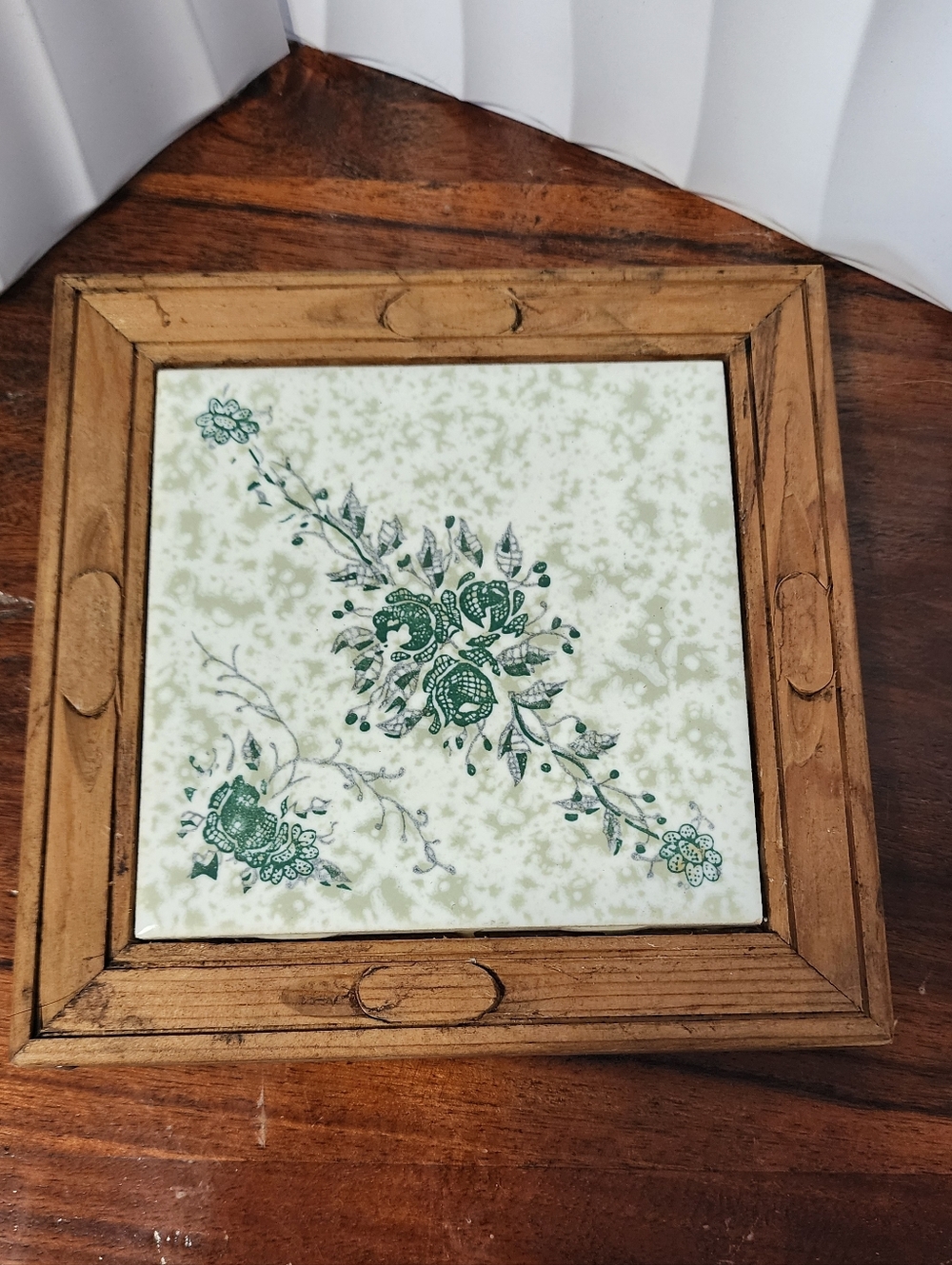 Vintage Carved wood tiled trivet, flower tile, Made in Mexico